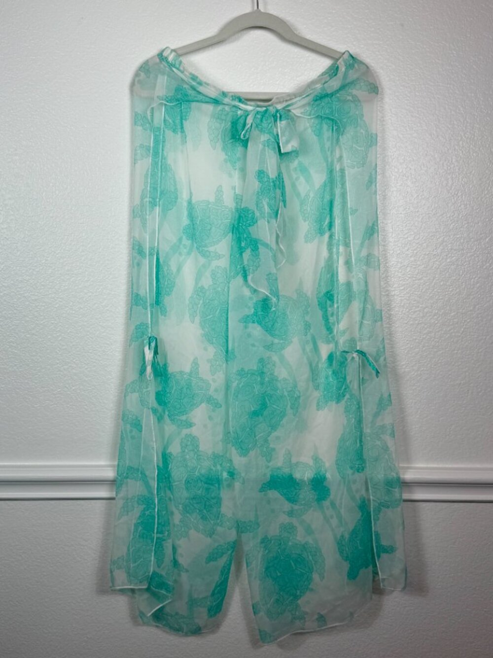 Mud Pie Sea Turtle Beach Cover‎ Up Pants Medium Sheer White Aqua Losose Tie Boho